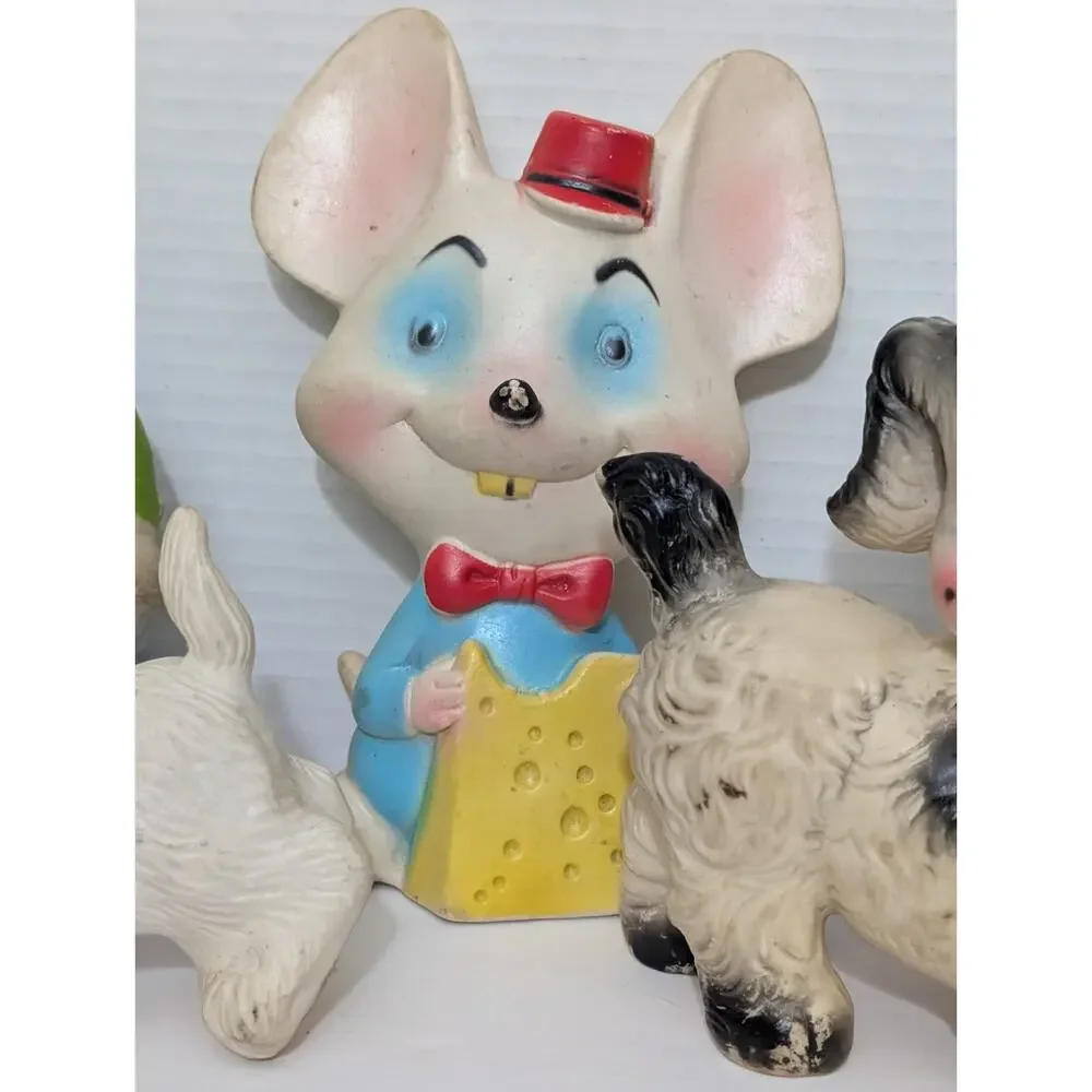 Vintage Squeaky Toy Lot Rubber Vinyl Mid Century Nursery Kitsch Mouse Cowboy...